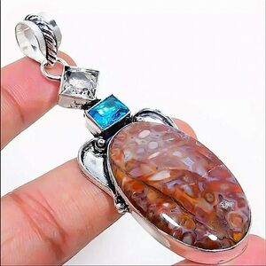 Blue Topaz Sterling Silver Rock Fossil Pendant Charm